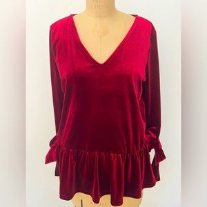 HALOGEN Red Velvet Burgundy/Maroon Peplum Hem V-Neck Top Women’s Size Small